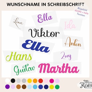 Könnte beinhalten: Eine Sammlung farbenfroher Namensaufkleber in verschiedenen Schriftarten und Farben, darunter Namen wie "Lina", "Ella" und "Viktor". Das Bild zeigt auch eine Farbpalette und den Text "WUNSCHNAME IN SCHREIBSCHRIFT" und "Miss Rompy".