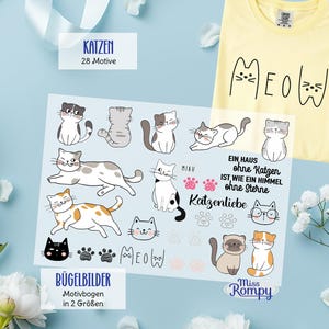 Könnte beinhalten: Ein Bogen mit Bügelbildern, der verschiedene Katzenillustrationen, Pfotenabdrücke und den deutschen Text "EIN HAUS ohne Katzen IST WIE EIN HIMMEL ohne Sterne", "Katzenliebe", "MIAU" sowie "MEOW" zeigt, neben einem hellgelben T-Shirt mit "MEOW"-Aufdruck.