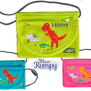 MissRompy | Brustbeutel Dinos (875) mit Name und Sicherheitsverschluss Dinosaurier Umhängebeutel breast bag Sichtfenster