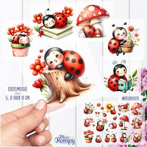 Könnte beinhalten: Ein Set digitaler Cliparts mit niedlichen Marienkäfern in verschiedenen Posen. Die Marienkäfer sind rot mit schwarzen Punkten und haben lächelnde Gesichter. Das Clipart beinhaltet Marienkäfer auf einem Pilz, einem Buch, einem Baumstumpf und einem Blumenkorb. Der Text "Einzelmotive" und "Motivbogen" ist im Bild sichtbar.