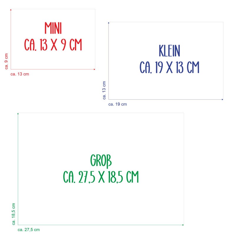 May include: Three rectangular labels with text in German. The smallest label, labeled "MINI", measures approximately 13 cm x 9 cm. The medium label, labeled "KLEIN", measures approximately 19 cm x 13 cm. The largest label, labeled "GROB", measures approximately 27.5 cm x 18.5 cm.