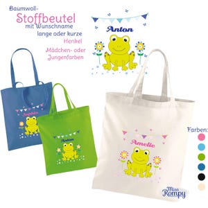 FROSCH, (873) BW, Stoffbeutel, Name, Jutebeutel, Einkaufsbeutel, Tragebeutel, Namensbeutel, Motivbeutel, Baumwollbeutel, Schule, Kita, Blume