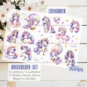 May include: A set of 12 iron-on transfers featuring unicorns, stars, hearts, clouds, and a hot air balloon. The transfers are designed for use on fabric and come in two sizes. The text on the image reads "EINHÖRNER" and "BÜGELBILDER-SET".