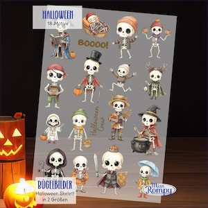 Könnte beinhalten: Ein Bogen mit 18 Halloween-Skelett-Aufklebern, die verschiedene Figuren wie einen Piraten, einen Zauberer, einen Ritter und Skelette mit Kürbissen zeigen. Der Text HALLOWEEN, BOOOO!, Halloween Crew und BÜGELBILDER Halloween Skelett in 2 Größen ist abgebildet.