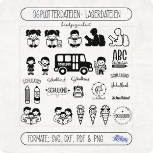 Peut inclure: Éléments de design numérique en noir et blanc pour les travaux manuels sur le thème de l'école. Comprend des illustrations d'enfants, un bus scolaire, des crayons et le texte "SCHULKIND". Disponible en formats SVG, DXF, PDF et PNG.