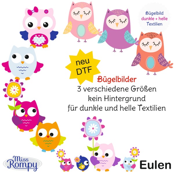 MissRompy | Eule DTF Bügelbilder verschiedene Motive und Größen Eulen Bügelbild Blumen Aufbügler Applikation Iron on