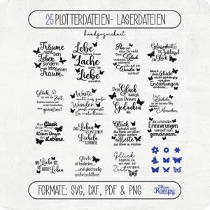 Könnte beinhalten: Ein weißer Hintergrund mit schwarzem Text und Schmetterlingsgrafiken. Der Text enthält Sätze wie "Träume", "Liebe" und "Glück". Das Bild ist ein digitales Design mit den Dateiformaten SVG, DXF, PDF und PNG.