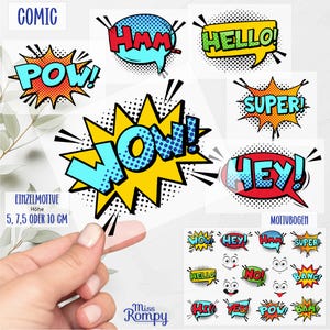 Peut inclure: Un ensemble de bulles de bande dessinée colorées avec des mots comme "POW!" et "WOW!" dans différentes tailles. Les bulles de dialogue sont sur un fond blanc avec des points noirs. Les mots "COMIC" et "MOTIVBOGEN" sont également visibles sur l'image.