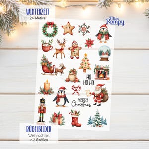 Könnte beinhalten: Ein Bogen mit weihnachtlichen Aufklebern mit verschiedenen festlichen Illustrationen. Designs umfassen einen Kranz, Stern, Schneeflocke, Pinguin, Rentier, Lebkuchenmann, Weihnachtsbaum, Schneekugel, Kamin, Weihnachtsmann und den Text "Merry Christmas". Der Bogen enthält auch den Text "Winterzeit 24 Motive".