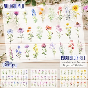 Op de afbeelding: Een set strijktransfers met aquarel illustraties van verschillende wilde bloemen in verschillende kleuren. De tekst "Wildblumen" en "Bügelbilder-Set" zijn zichtbaar op de vellen. De tekst "verschiedene Farben" en "Bogen in 2 Größen" zijn ook zichtbaar.