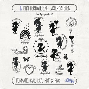 Könnte beinhalten: Eine Sammlung schwarzer Silhouette-Designs mit Kindern, Regenbogen, Herzen und inspirierenden Sätzen auf Deutsch. Die Designs umfassen ein Mädchen mit einem Regenschirm, ein Mädchen mit einem Herzballon und ein Mädchen, das Seil springt. Der Text enthält "Schulkind" und "Genieße den Augenblick".