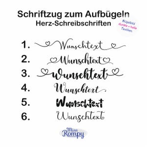 Könnte beinhalten: Sechs verschiedene herzförmige Schriftstile für das Wort "Wunschtext" in Schwarz auf weißem Hintergrund. Der Text ist für Bügelbilder für dunkle und helle Stoffe.