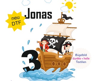 MissRompy | DTF Bügelbild Piratenschiff (653) mit/ohne Zahl A4 oder A5 Geburtstagszahl Name Wunschname Geburtstag Geburtstagsbügelbild