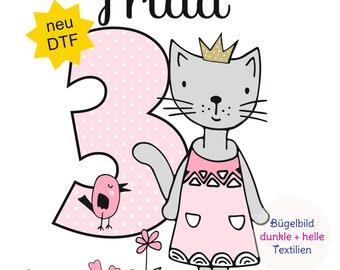 MissRompy | DTF Katze (690) Bügelbild Name mit/ohne Zahl A4 oder A5 Geburtstag Aufbügler Applikation  Geburtstagsshirt Geburtstagsbügelbild