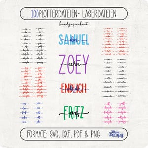 May include: A digital design file featuring various fonts and phrases for laser cutting or plotting. The design includes names like Samuel and Zoey, along with numbers and words in a handwritten style. The file formats are SVG, DXF, PDF, and PNG.