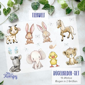 Peut inclure: Un ensemble de 19 autocollants animaux à repasser pour vêtements ou tissus. Les autocollants présentent une variété d'animaux, notamment une chèvre, un lapin, un éléphant, un zèbre, un canard, un cheval, un lion et un escargot. Les autocollants sont disponibles en deux tailles. Le texte sur l'image indique "Tierwelt" et "Bügelbilder-Set 19 Motive Bogen in 2 Größen".