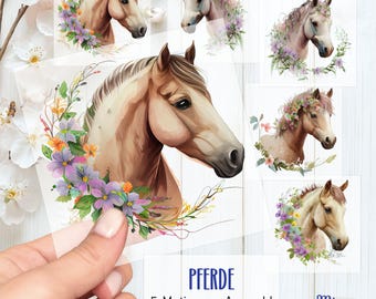 May include: A collection of horse-themed stickers. Each sticker features a watercolor illustration of a horse's head adorned with floral arrangements in shades of purple, yellow, and green. The text "PFERDE" is visible, along with additional German text.