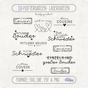 May include: A digital design file with various text elements in a handwritten style. Phrases include "Cousin", "Brother", and "Sister", with heart and star accents. The file formats are SVG, DXF, PDF, and PNG.