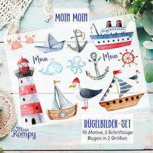 May include: Watercolor nautical-themed iron-on transfers featuring ships, anchors, a lighthouse, and seagulls. The set includes the text "MOIN MOIN" and "Moin". The set includes 15 motifs and 2 lettering designs in 2 sizes.