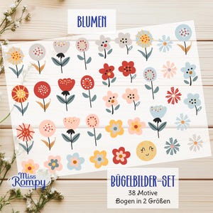 Könnte beinhalten: Ein Set mit 38 Bügelbildern mit bunten Blumenmotiven in verschiedenen Stilen. Die Aufkleber sind in zwei Größen erhältlich und eignen sich perfekt, um Kleidung, Taschen oder anderen Stoffartikeln einen Hauch von Verspieltheit zu verleihen. Der Text auf dem Blatt lautet "Bügelbilder-Set 38 Motive Bogen in 2 Größen".