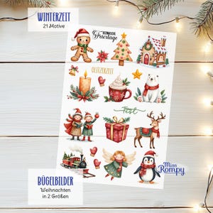Könnte beinhalten: Ein Bogen mit weihnachtlichen Bügelbildern mit verschiedenen festlichen Illustrationen. Designs umfassen einen Lebkuchenmann, einen Weihnachtsbaum, einen Eisbären, einen Engel und einen Pinguin. Der Bogen hat Text, der "Winterzeit" und "Bügelbilder" lautet.