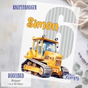 Peut inclure: Transfer thermocollant représentant un bulldozer jaune avec le texte "Raupenbagger" et "Simon" en écriture jaune manuscrite. Le transfert comprend également le chiffre "6" dans un motif rayé gris et blanc. Le texte "Bügelbild Bagger in 2 Größen" et "Miss Rompy" est également inclus.