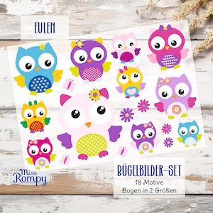 Może przedstawiać: Zestaw 18 naklejek z motywem sowy do prasowania w różnych kolorach i wzorach. Naklejki znajdują się na dwóch arkuszach i są dostępne w dwóch rozmiarach. Na arkuszu nadrukowany jest tekst "BÜGELBILDER-SET". Na arkuszu nadrukowany jest również tekst "18 Motive" i "Bogen in 2 Größen".