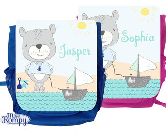 MissRompy | Bear on the Beach (787) backpack with name, children's backpack, bag, kindergarten backpack, kindergarten, daycare, matching lunch box + bag