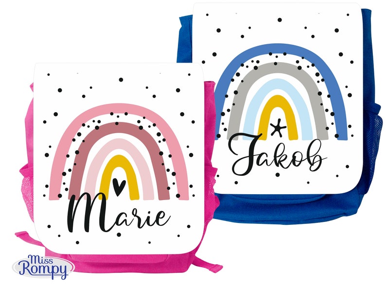 MissRompy Rainbow 779 backpack with name, children's backpack, children's bag, kindergarten backpack, kindergarten, daycare, matching lunch box bag image 1