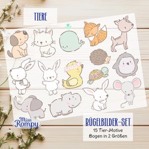 Könnte beinhalten: Ein Bogen mit Aufklebern mit verschiedenen Zeichentieren, darunter ein Hund, eine Katze, ein Wal, ein Fuchs, ein Reh, ein Igel, ein Pinguin, ein Kaninchen, eine Ente, eine Schildkröte, ein Elefant, ein Nilpferd und eine Maus. Der Text "TIERE" und "BÜGELBILDER-SET" sind sichtbar.