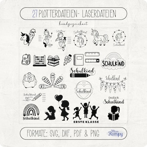 Peut inclure: Ensemble de fichiers de découpe numériques en noir et blanc avec des illustrations sur le thème de l'école. Les motifs comprennent des sirènes, des licornes, des cartables, des crayons et le texte "Schulkind" et "Erste Klasse". Le texte "27 PLOTTERDATEIEN- LASERDATEIEN" est également présent.