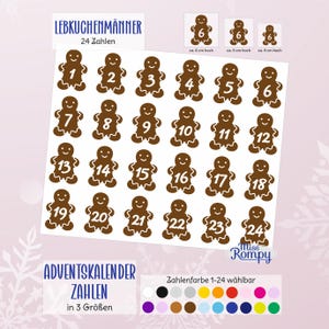 Könnte beinhalten: Ein Bogen mit braunen Lebkuchenmann-Aufklebern mit den Nummern 1 bis 24, für einen Adventskalender. Die Aufkleber gibt es in drei Größen, der größte misst ca. 6 cm hoch. Der Text "LEBKUCHENMÄNNER" steht oben.