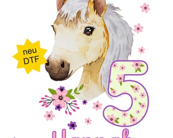MissRompy | DTF PFERD (780) mit Name Zahl A4 oder A5 Geburtstag Bügelbild Pony Geburtstagsbügelbild Aufbügler Patch Bügelbilder