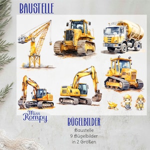 Peut inclure: Neuf transferts thermocollants représentant des véhicules de chantier jaunes, dont une grue, un bulldozer, une pelle mécanique et un camion à benne basculante. Les transferts sont étiquetés "Baustelle" et "Bügelbilder".