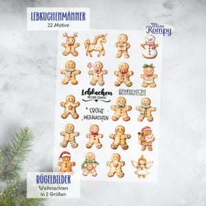 Könnte beinhalten: Ein Bogen mit Bügelbildern mit 22 Lebkuchenmännchen-Designs in verschiedenen Posen und Outfits. Einige Lebkuchenmännchen sind mit Schals, Fliegen und Hüten verziert. Der Bogen enthält deutschen Text, darunter "Lebkuchenmänner" und "Frohe Weihnachten".