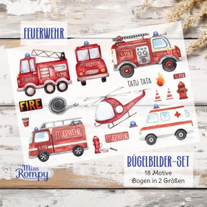 Feuerwehr, (73-2), Bügelbilder, 18 Motive, zum Aufbügeln, Bügelbild, Schriftzüge, Set, Aufbügler, Applikation, Bügelsticker,