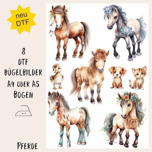 MissRompy | DTF (70) Pferde 8 Bügelbilder Motivbogen Boho dunkle + helle Textilien Aufbügler Bügelbild Sammelbogen Appli Pony Katze Hund