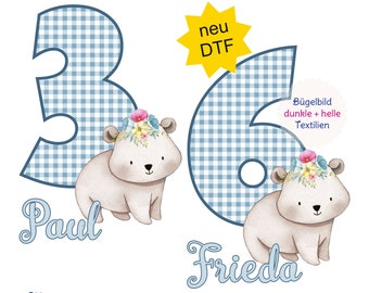 MissRompy | DTF Bügelbild BÄR (667) mit und ohne Zahl A4 oder A5 Name Wunschname Geburtstag Bügelbild Eisbär Geburtstagsbügelbild Aufbügler