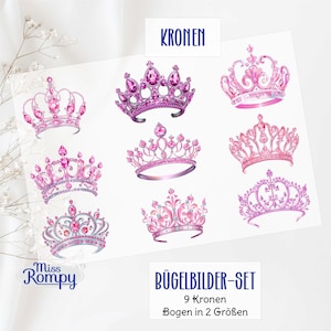 Może przedstawiać: Zestaw dziewięciu naklejek do prasowania z motywem różowych koron z błyszczącymi klejnotami. Zestaw zawiera dwa rozmiary koron. Tekst na arkuszu to "Kronen" i "Bügelbilder-Set 9 Kronen Bogen in 2 Größen".