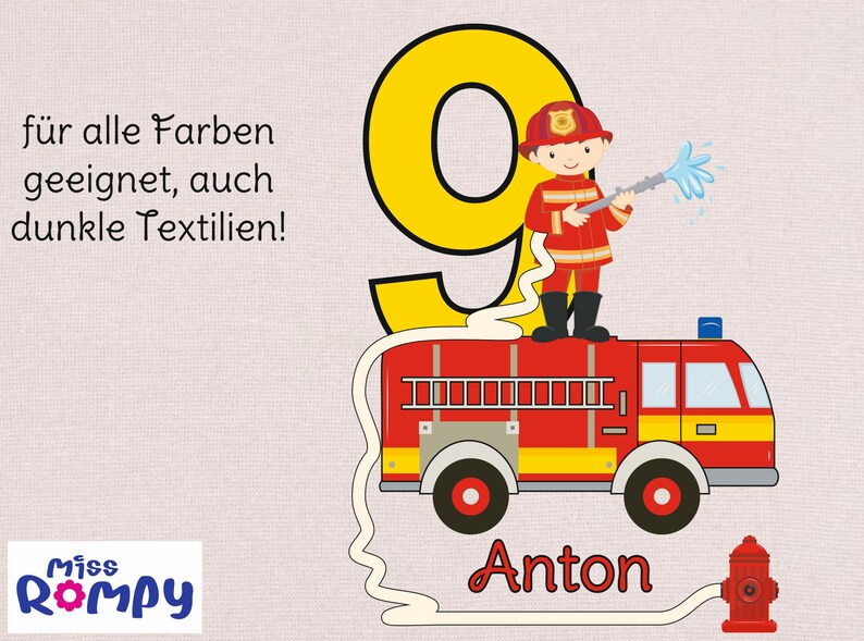 MissRompy DTF Feuerwehr 834 Großes Bügelbild Name Zahl Geburtstag Bügelbild Aufbügler Applikation Geburtstagsshirt Geburtstagsbügelbild 9