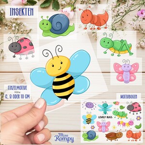Könnte beinhalten: Ein Set mit bunten Insekten-Stickern, die eine Biene, einen Marienkäfer, eine Schnecke, eine Ameise, einen Schmetterling und eine Heuschrecke zeigen. Die Sticker sind in Einzelmotiven oder als Bogen mit mehreren Motiven erhältlich. Der Text "INSEKTEN" befindet sich oben im Bild. Der Text "EINZELMOTIVE" und "MOTIVBOGEN" befindet sich unten im Bild. Der Text "Höhe 6, 8 ODER 10 CM" befindet sich unten links im Bild.