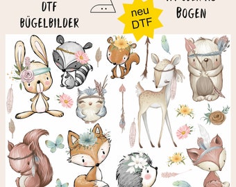 MissRompy | DTF (58) Waldtiere 26 Bügelbilder Boho Motivbogen dunkle+helle Aufbügler Bügelbild Sammelbogen Applikation Schultüte Hase Fuchs