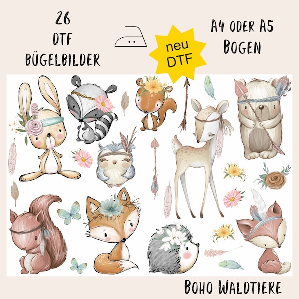 MissRompy | DTF (58) Waldtiere 26 Bügelbilder Boho Motivbogen dunkle+helle Aufbügler Bügelbild Sammelbogen Applikation Schultüte Hase Fuchs