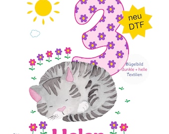 MissRompy | DTF Cat (827) Large iron-on image name number A4 or A5 birthday iron-on image iron-on appli birthday shirt birthday iron-on image