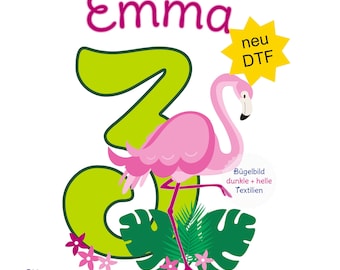 MissRompy | DTF Flamingo (812) Large Iron-On Image Name Number A4 or A5 Birthday Iron-On Patch Application Birthday Shirt Birthday Iron-On Image