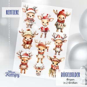 Könnte beinhalten: Bogen mit weihnachtlichen Bügelbildern mit Aquarellillustrationen von Rentieren, die Wintermützen und Schals tragen. Die Rentiere sind in verschiedenen Posen und Outfits dargestellt, mit dem Text "RENTIERE" und "BÜGELBILDER".