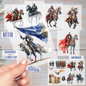 Peut inclure: Un ensemble d'autocollants numériques représentant des chevaliers à cheval, sur le thème médiéval. Les autocollants sont parfaits pour ajouter une touche de fantaisie à vos projets. Les autocollants sont disponibles en différentes tailles, notamment 7, 9 et 11 cm.