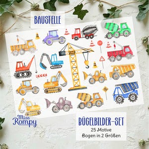 Könnte beinhalten: Ein Set mit 25 Bügelbildern mit Aquarell-Illustrationen von Baufahrzeugen. Das Set beinhaltet einen Kran, einen Kipplaster, einen Bagger, einen Bulldozer, einen Betonmischer und vieles mehr. Die Aufkleber sind in zwei Größen erhältlich. Der Text "BAUSTELLE" und "BÜGELBILDER-SET" ist auf dem Bild zu sehen.