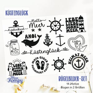 Op de afbeelding: Een set van 14 strijkbare stickers met een nautisch thema. De stickers bevatten ankers, boten, schelpen en andere nautische afbeeldingen. De stickers zijn zwart-wit en hebben verschillende ontwerpen. De tekst op de stickers is: "Küstenglück", "Hallo Meer", "Ahoi", "Liebe Liebe Sonne Meer", "Küstenglück", "Mein Glück schmeckt salzig", "Küsten Liebe", "Heimat Meer" en "Bügelbilder-Set 14 Motive Bogen in 2 Größen".