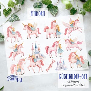 Könnte beinhalten: Ein Set mit 12 Bügelbildern mit Einhörnern und Mädchen in Rosa, Weiß und Blau. Die Bügelbilder sind mit "Einhorn" und "Bügelbilder-Set 12 Motive Bogen in 2 Größen" beschriftet.